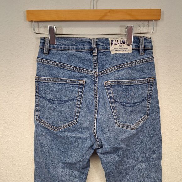 WOMENS PULL & BEAR SIZE EUR 34 USA 2 CRUVEY BLUE WASH MOM TAPERED DENIM JEANS - Picture 3 of 12